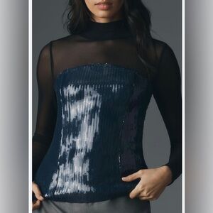 Anthropologie Navy Sequin Strapless Top with Sheer Black Overlay